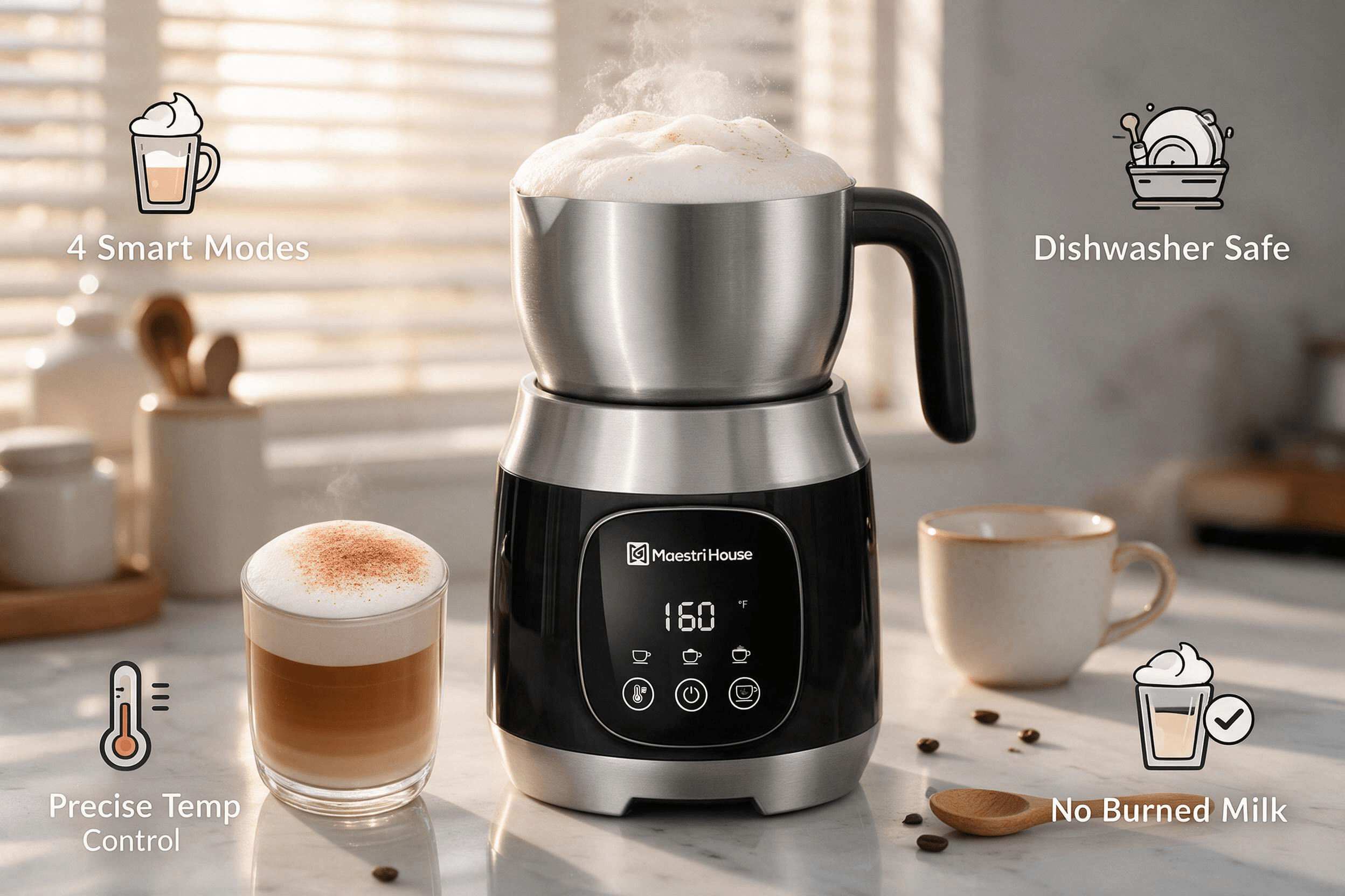 MaestriHouse smart stainless steel milk frother product promotional image (Amazon ASIN B0DYH2X3W4), digital precise temperature control display, real life home coffee counter usage scene with latte art, 3:2 Amazon listing graphic