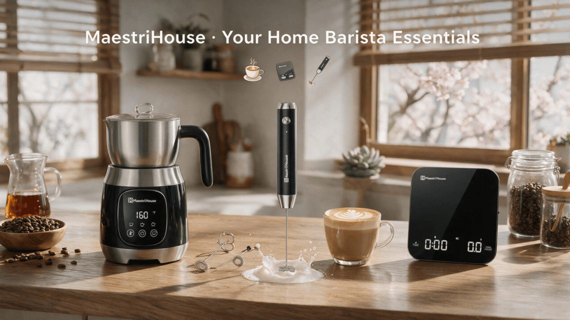 MaestriHouse official Amazon store promotional hero banner, full home barista coffee gear set (electric smart milk frother, handheld foam mixer, precision coffee scale) in warm real-life kitchen coffee corner, 16:9 e-commerce hero image for brand blog & store landing page