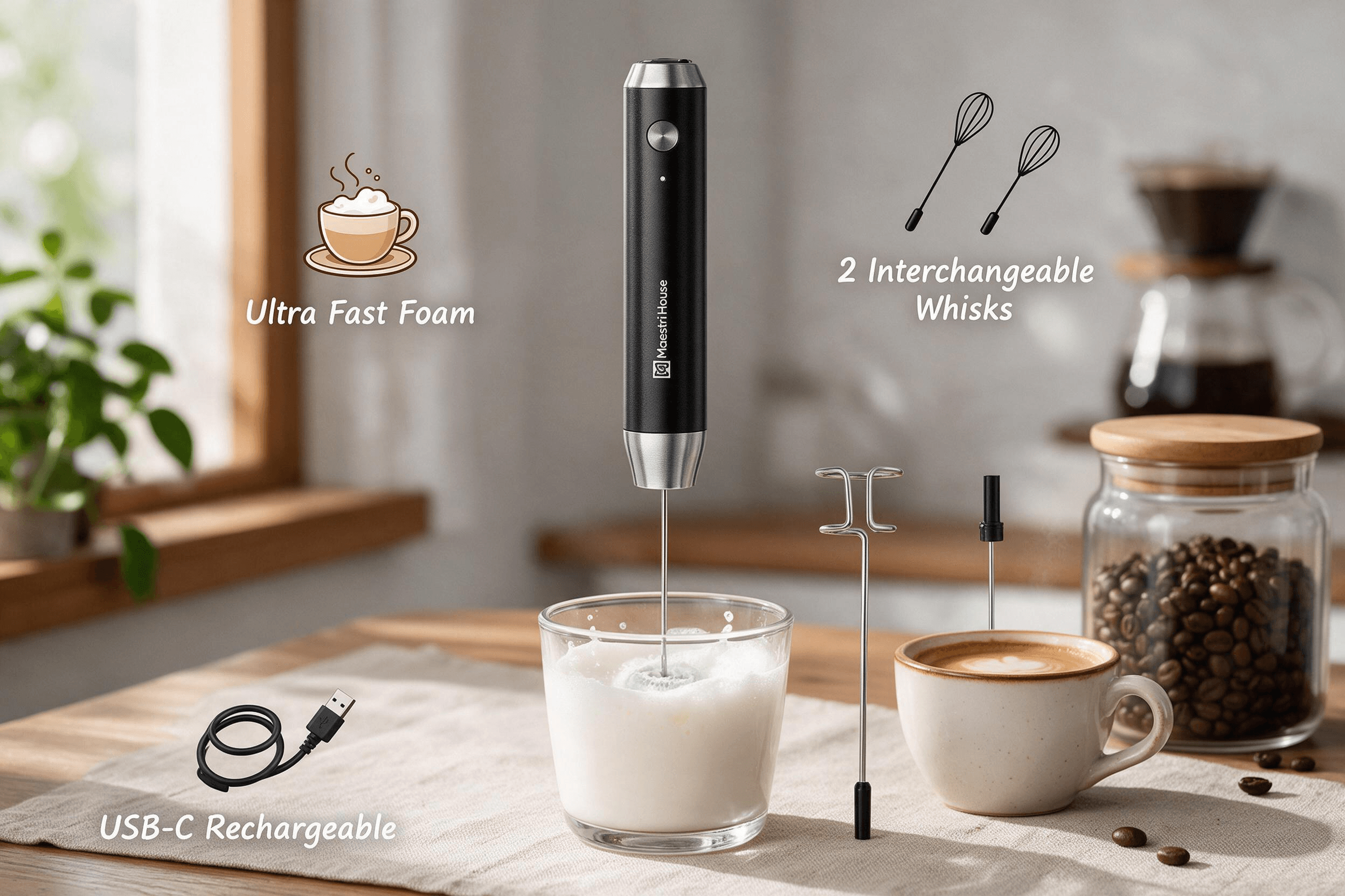MaestriHouse rechargeable handheld electric milk frother product showcase (Amazon ASIN B0BN7M8CH4), with 2 interchangeable whisks, making thick microfoam for latte in real home hand-brew coffee scene, 3:2 Amazon listing graphic