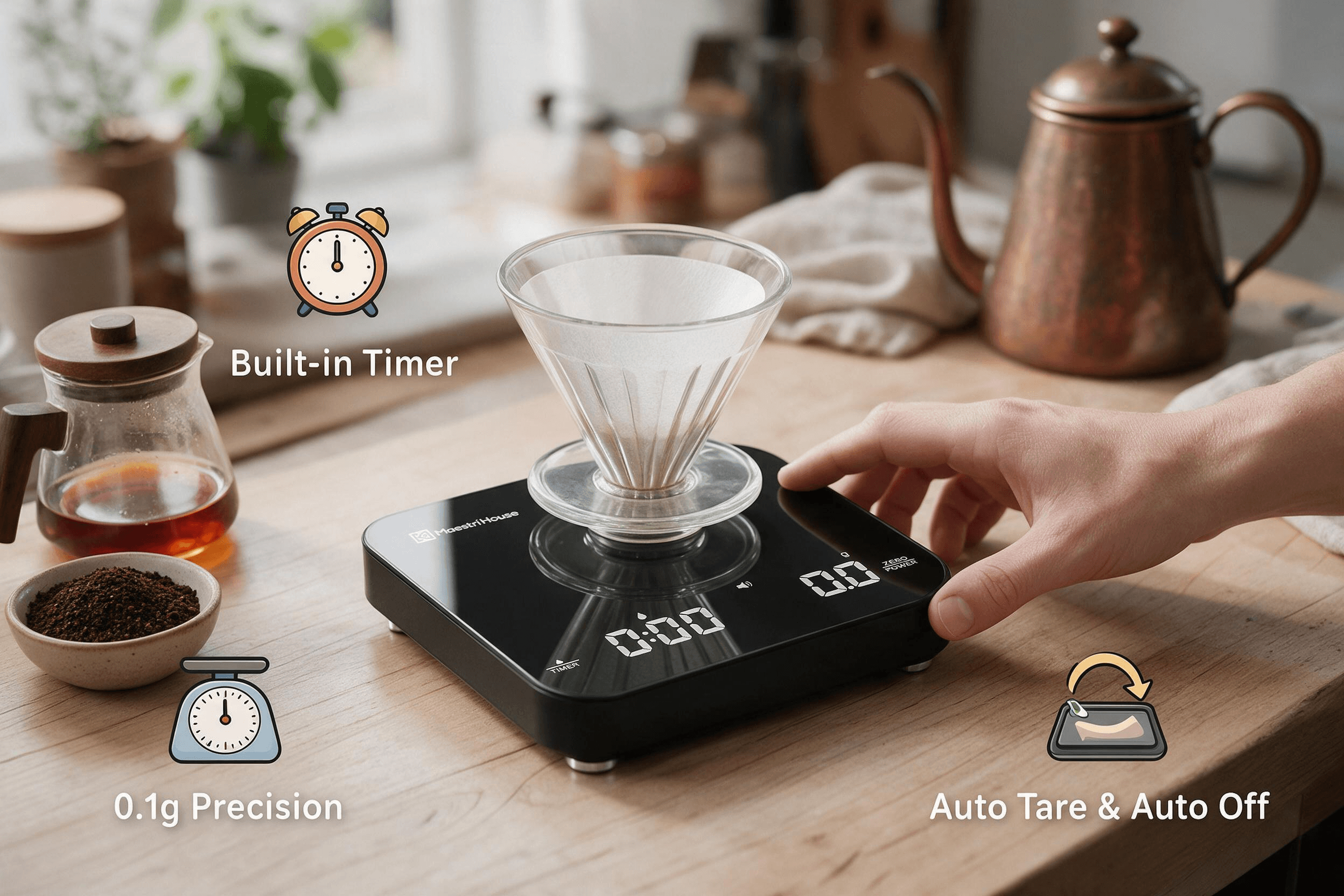 MaestriHouse ultra-thin 0.1g precision smart coffee scale product showcase (Amazon ASIN B0CQY78HV6), built-in brewing timer, real hand-pour coffee operation scene, hand holding scale to show slim profile, 3:2 Amazon listing graphic