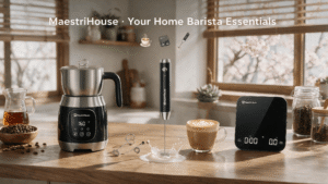MaestriHouse official Amazon store promotional hero banner, full home barista coffee gear set (electric smart milk frother, handheld foam mixer, precision coffee scale) in warm real-life kitchen coffee corner, 16:9 e-commerce hero image for brand blog & store landing page