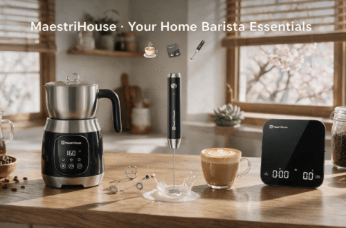 MaestriHouse official Amazon store promotional hero banner, full home barista coffee gear set (electric smart milk frother, handheld foam mixer, precision coffee scale) in warm real-life kitchen coffee corner, 16:9 e-commerce hero image for brand blog & store landing page