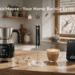 MaestriHouse official Amazon store promotional hero banner, full home barista coffee gear set (electric smart milk frother, handheld foam mixer, precision coffee scale) in warm real-life kitchen coffee corner, 16:9 e-commerce hero image for brand blog & store landing page