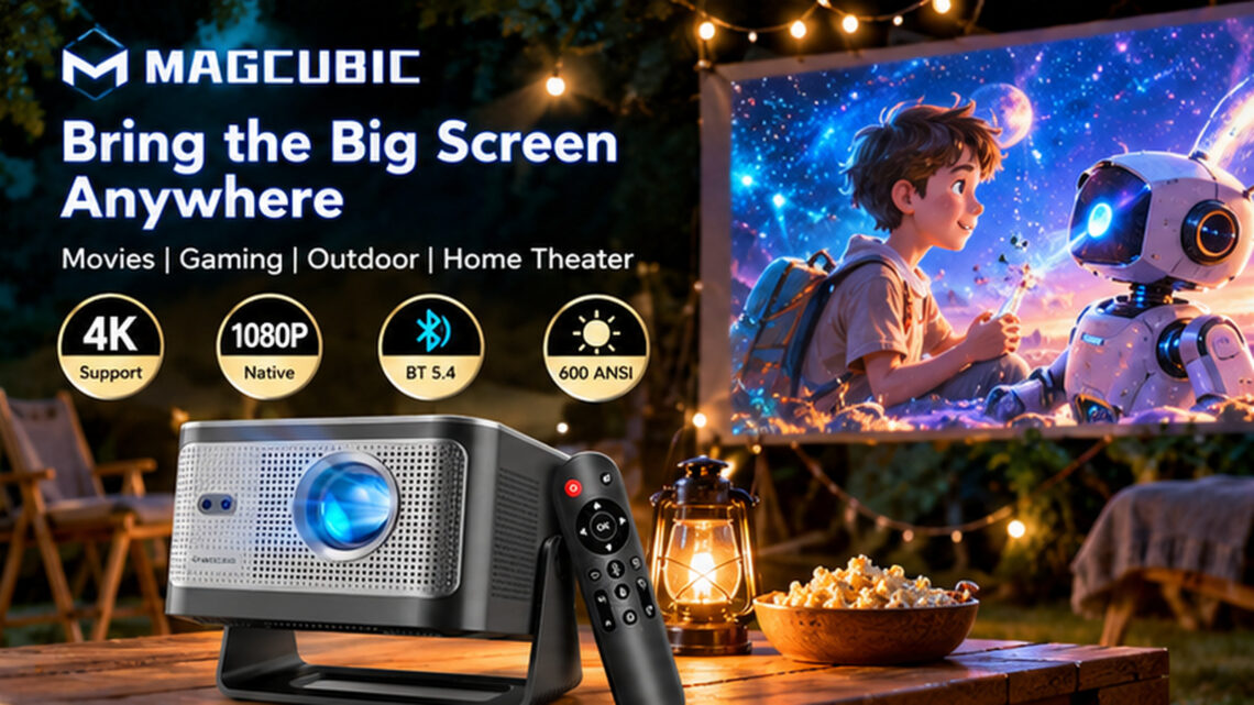 Magcubic projector with remote control on an outdoor table, creating a cinematic backyard movie night. Colorful projection, warm string lights, and English feature annotations highlight portable home entertainment.
