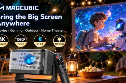 Magcubic projector with remote control on an outdoor table, creating a cinematic backyard movie night. Colorful projection, warm string lights, and English feature annotations highlight portable home entertainment.