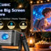 Magcubic projector with remote control on an outdoor table, creating a cinematic backyard movie night. Colorful projection, warm string lights, and English feature annotations highlight portable home entertainment.