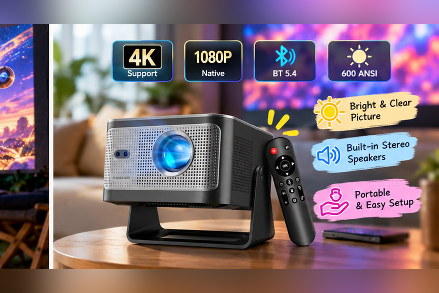 Silver and black Magcubic projector with blue-lit lens and remote control on a wooden table in a modern living room. Colorful English graphics highlight 4K support, native 1080P, Bluetooth 5.4, and 600 ANSI brightness.