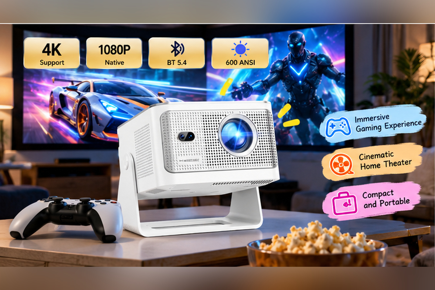 White Magcubic projector on an adjustable stand beside a gaming controller and popcorn in a cozy living room. A colorful racing game fills the screen, with playful English annotations promoting immersive gaming and home theater entertainment.