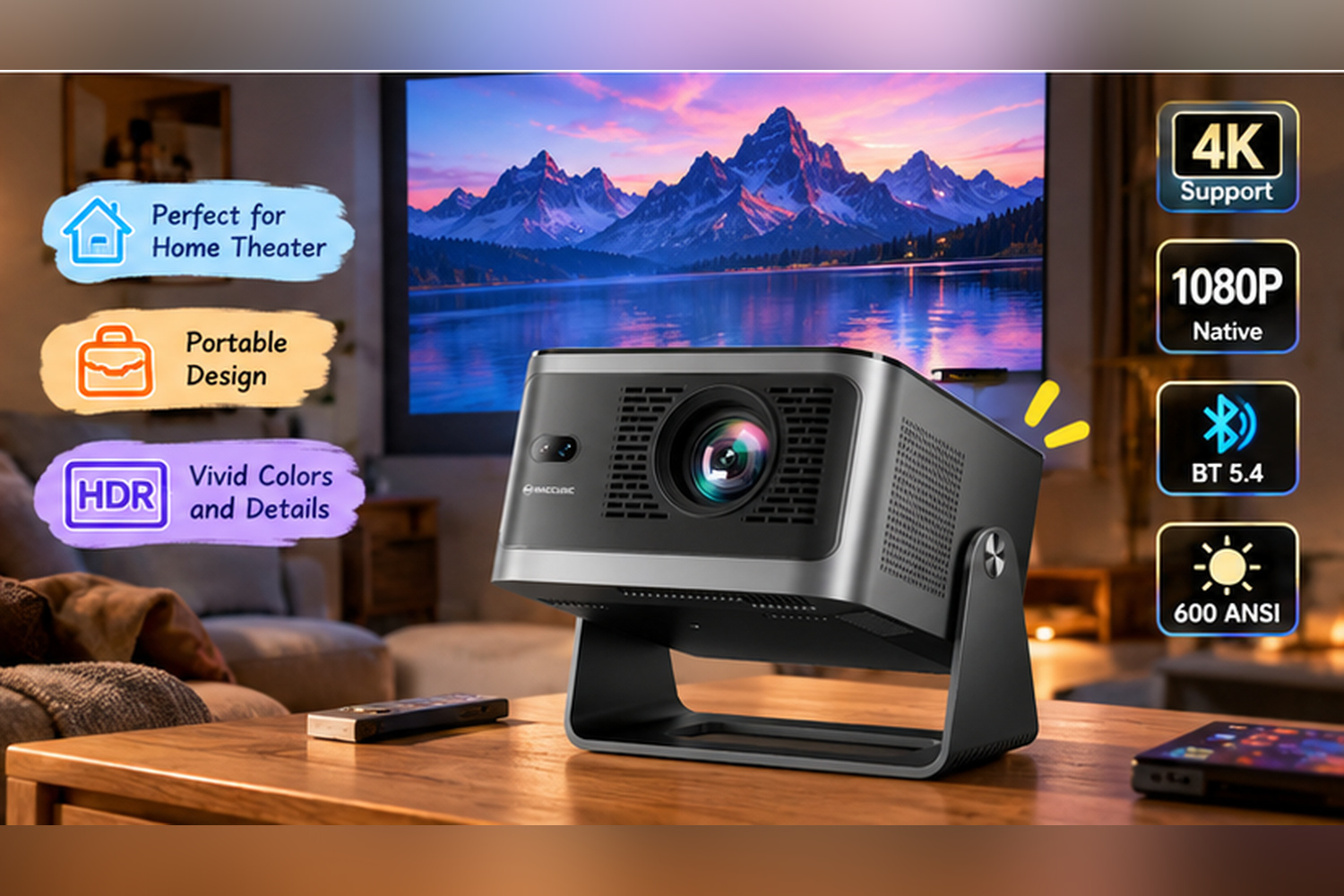 Dark gray Magcubic projector with an adjustable stand on a wooden coffee table in a cozy living room. A scenic mountain landscape fills the projection screen, with colorful English labels highlighting home theater, portability, and vivid visuals.