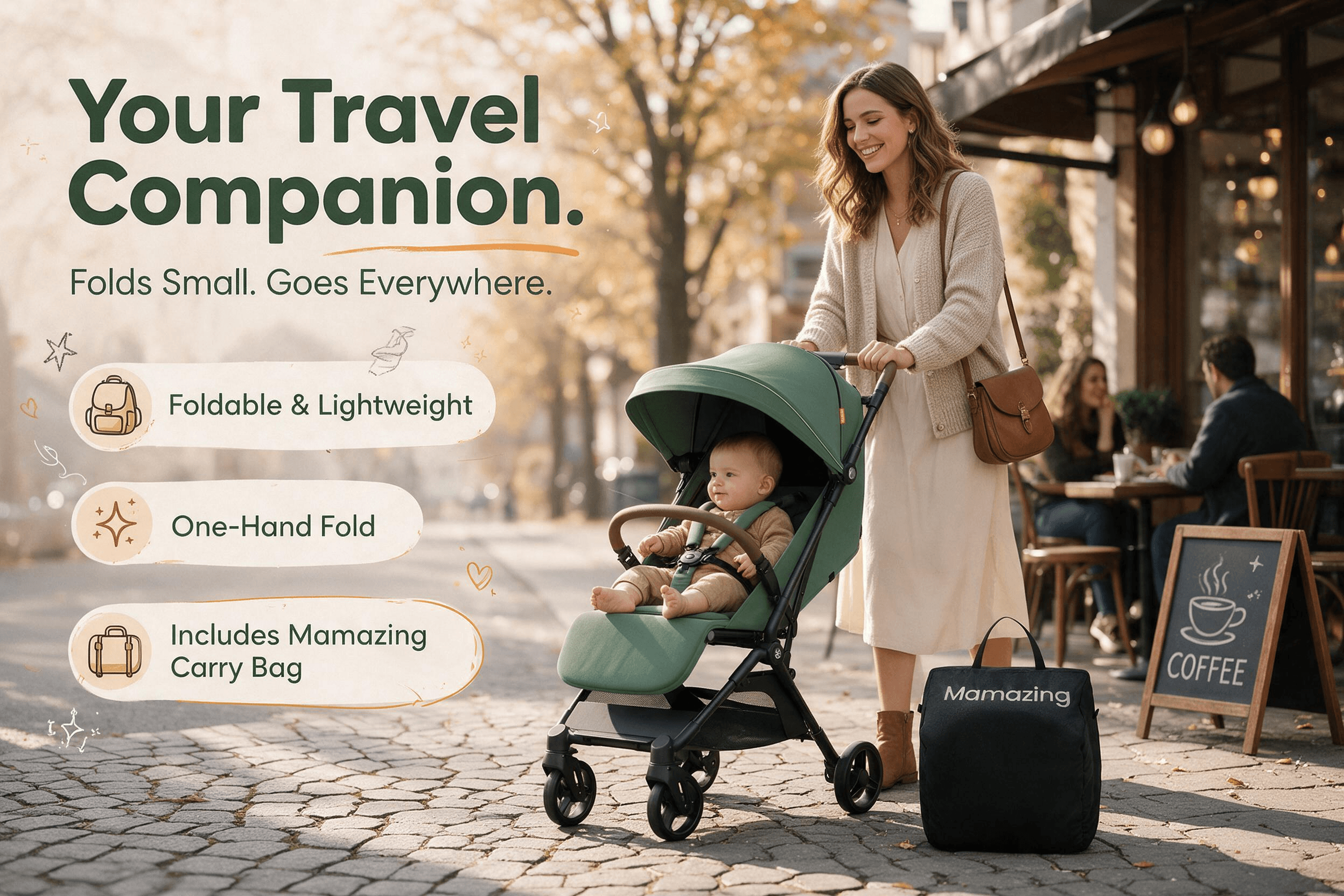 Mamazing sage green compact foldable travel baby stroller with carry bag, mom pushing it on a cobblestone sidewalk; caption "Your Travel Companion".