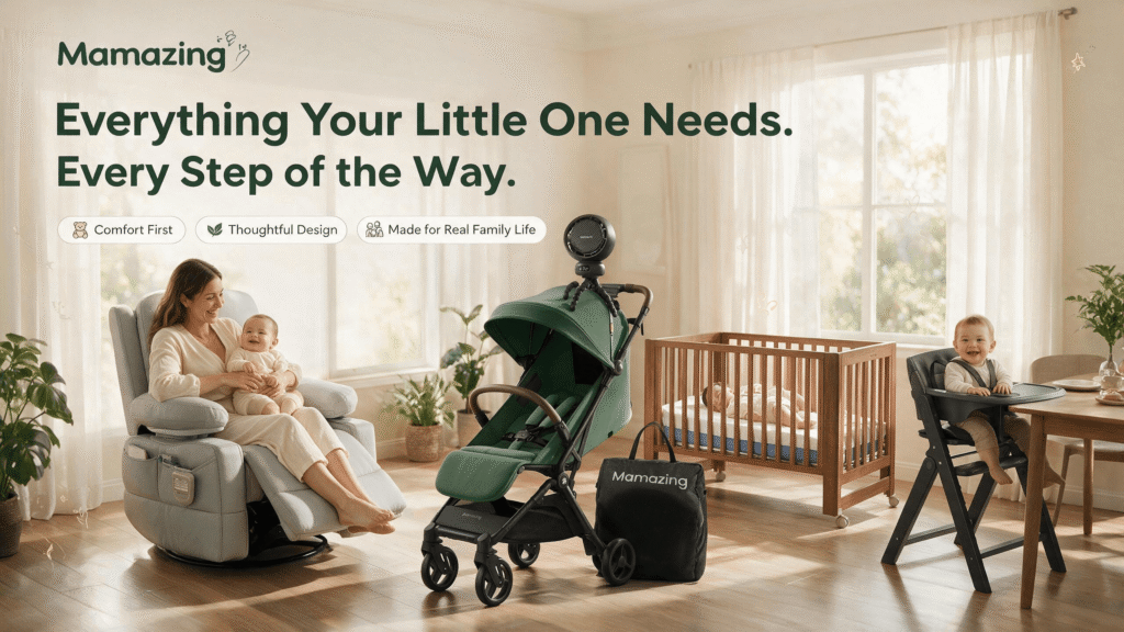 Mamazing baby essentials collection — stroller, nursing chair, crib, mattress, high chair, and stroller fan staged in a sunlit family nursery scene with mom and baby.