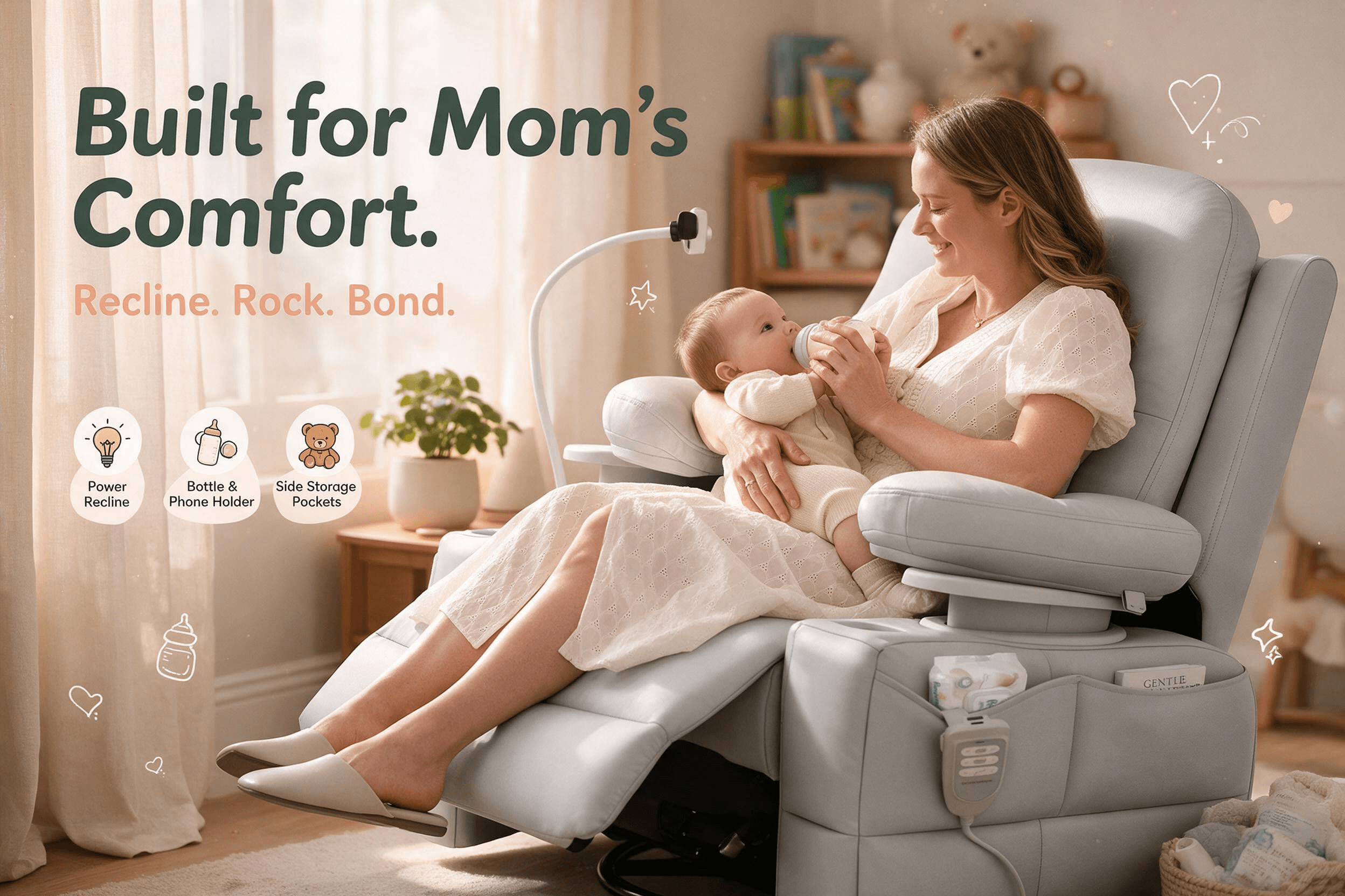 Mamazing light gray electric reclining nursing glider rocker chair with mom and baby in a cozy sunlit nursery; caption "Built for Mom's Comfort".