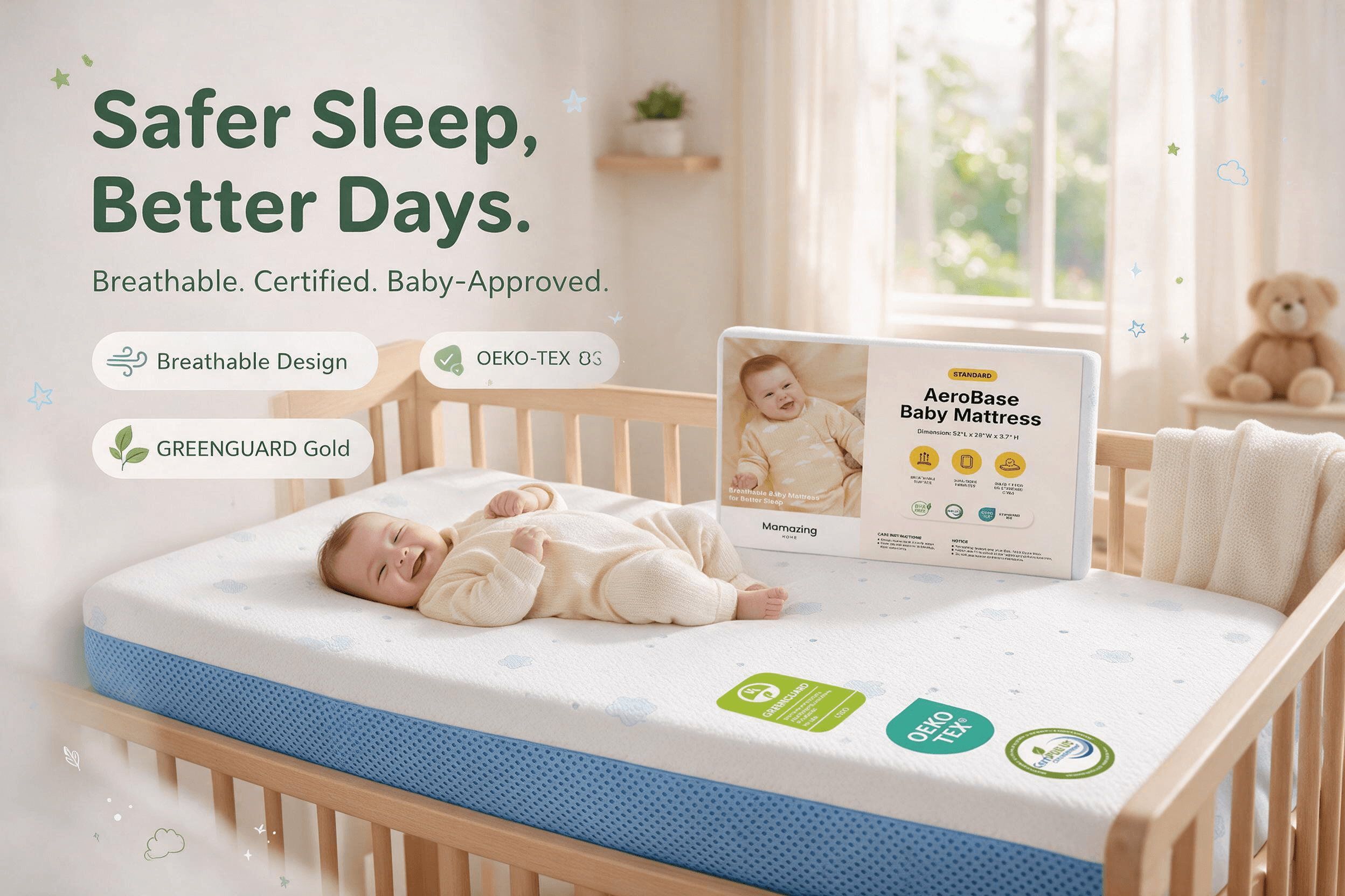 Mamazing AeroBase breathable baby mattress with GREENGUARD Gold, OEKO-TEX and CertiPUR-US certifications, lying in a wood crib with a smiling baby.