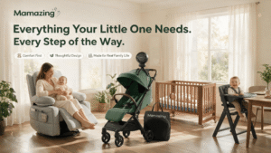 Mamazing baby essentials collection — stroller, nursing chair, crib, mattress, high chair, and stroller fan staged in a sunlit family nursery scene with mom and baby.