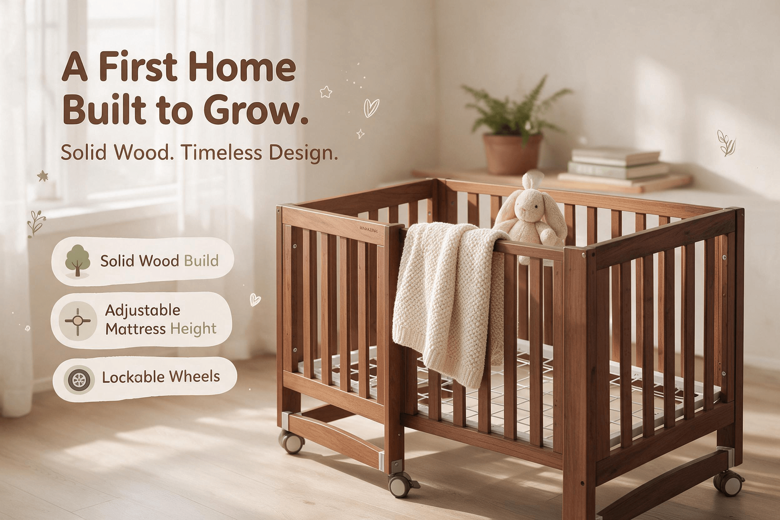 Mamazing walnut solid wood adjustable baby crib with lockable wheels, in a minimalist Scandinavian nursery with natural light.