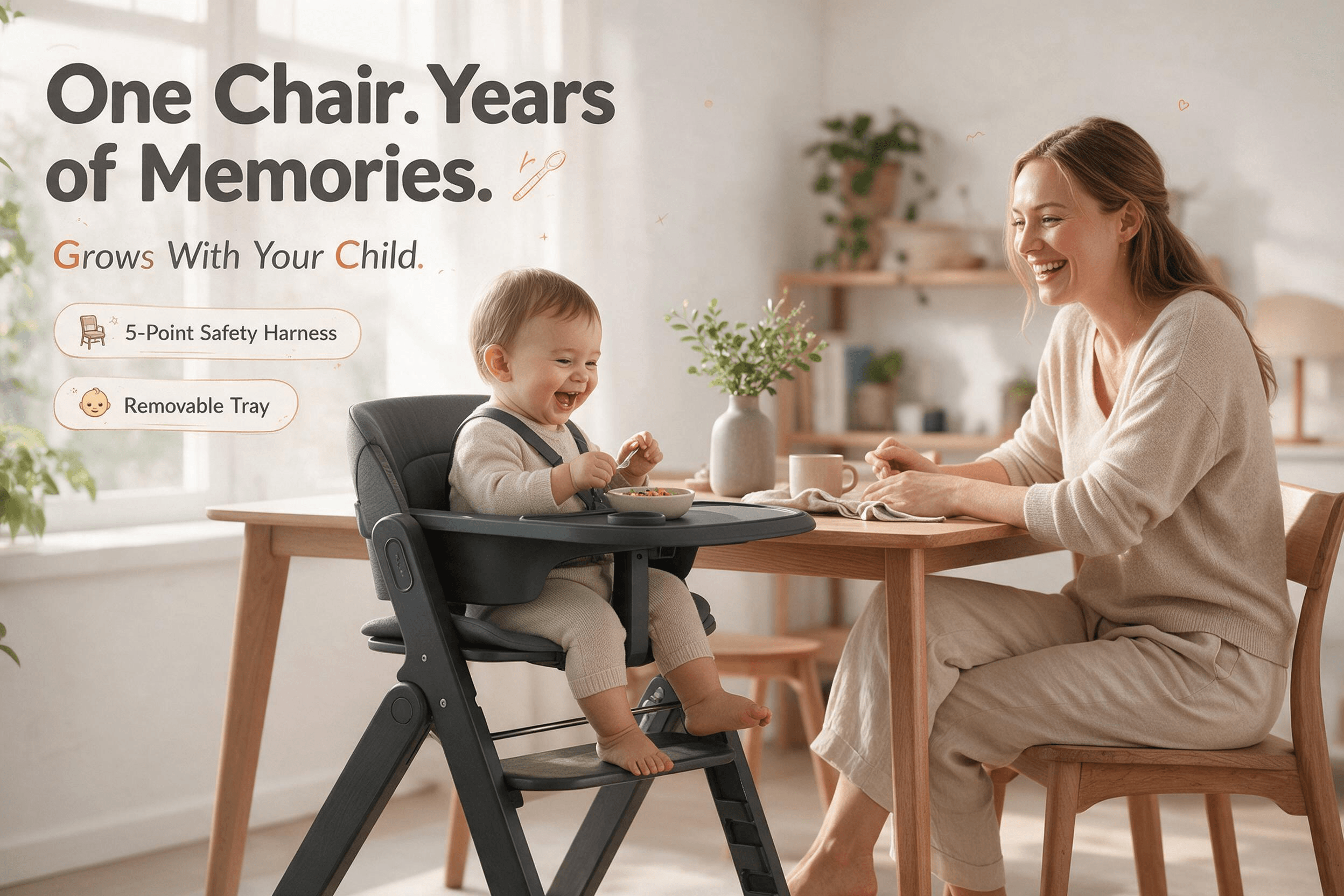 Mamazing dark gray folding wooden adjustable high chair with 5-point harness, toddler eating happily at a bright dining table with mom.