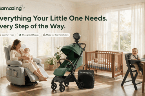 Mamazing baby essentials collection — stroller, nursing chair, crib, mattress, high chair, and stroller fan staged in a sunlit family nursery scene with mom and baby.