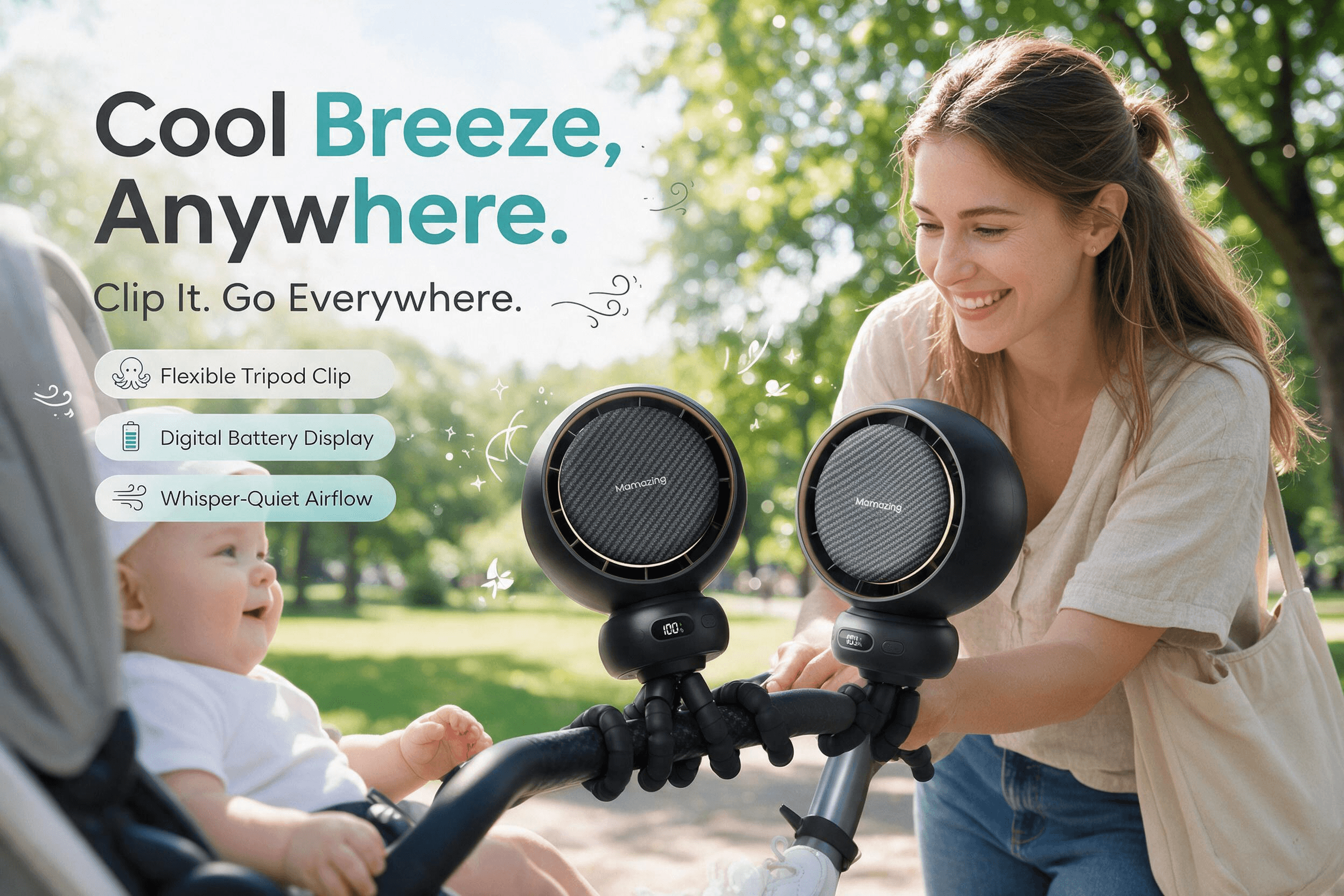 Mamazing black clip-on stroller fan with flexible octopus tripod and digital battery display, attached to a stroller handlebar in a sunny park.