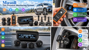 Masoll TPMS promotional collage featuring an SUV, tire pressure monitoring display, orange sensor activation tool, and valve sensors, with colorful feature icons and real-life automotive scenes.