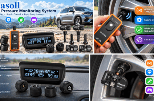 Masoll TPMS promotional collage featuring an SUV, tire pressure monitoring display, orange sensor activation tool, and valve sensors, with colorful feature icons and real-life automotive scenes.