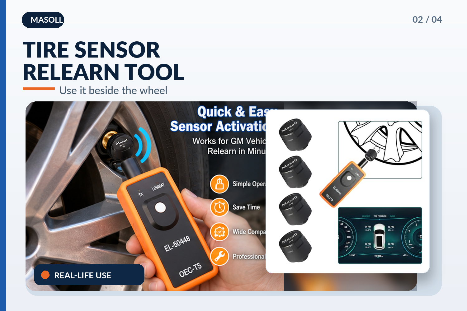 Masoll orange tire sensor relearn tool shown beside a car wheel, featuring a handheld TPMS activator, black valve sensors, dashboard graphic, and easy sensor activation annotations.