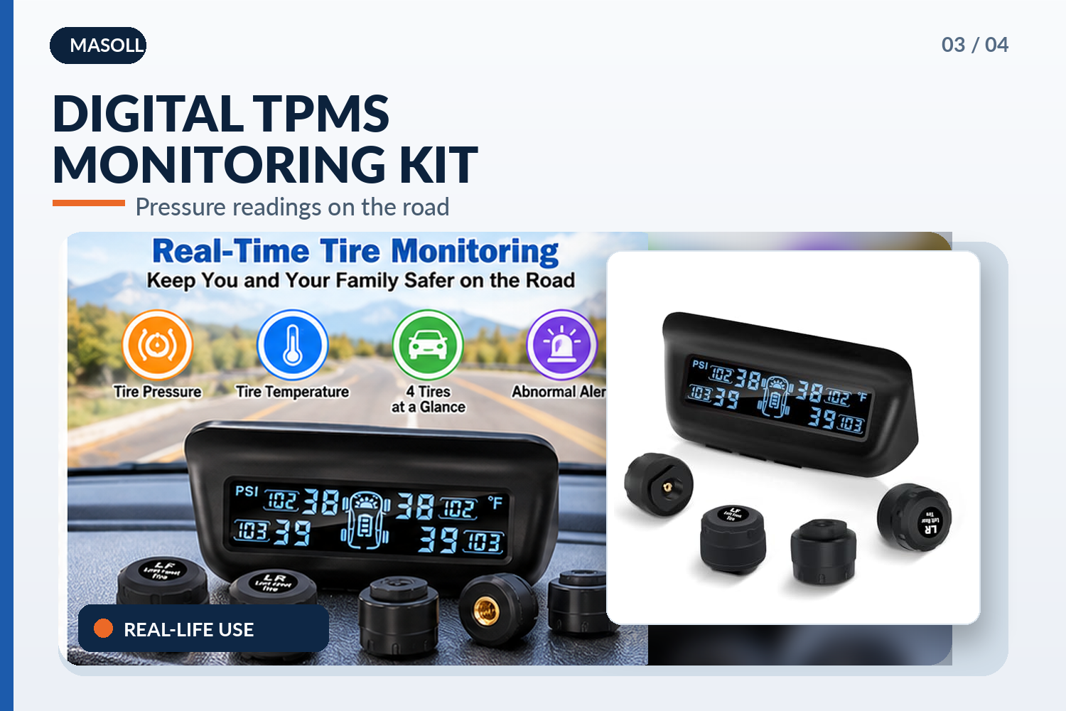 Masoll digital TPMS monitoring kit featuring a blue-lit tire pressure display and four black wireless sensors on a car dashboard, with icons for pressure, temperature, and alerts.