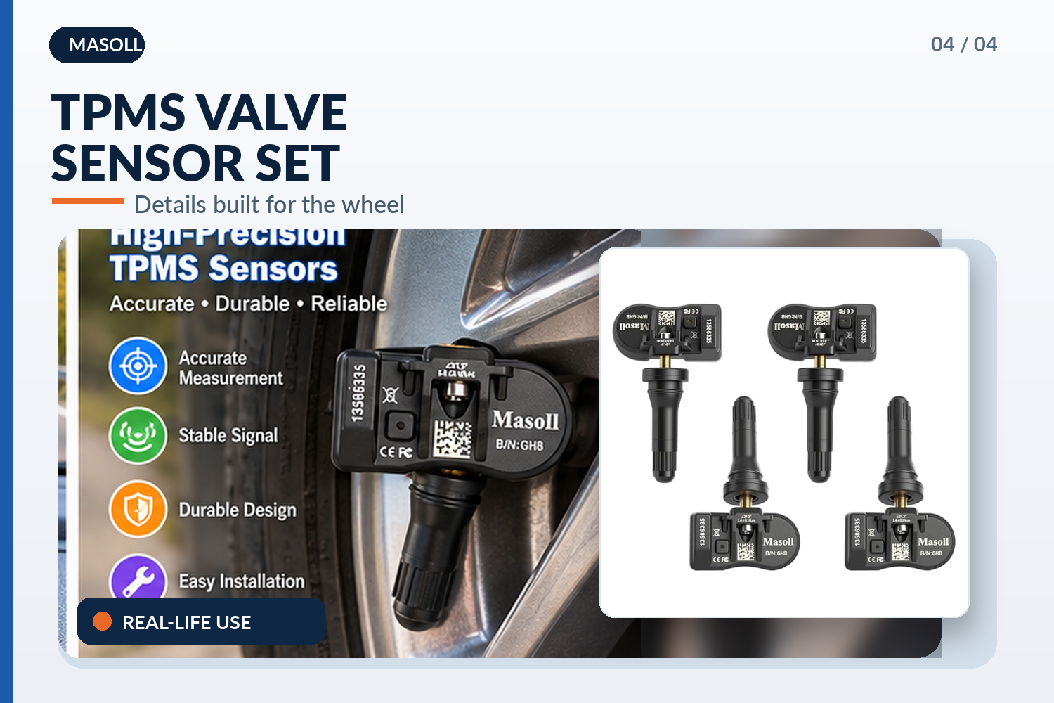 Masoll TPMS valve sensors displayed on a silver car wheel, alongside four black replacement sensors and colorful icons highlighting accurate measurement, stable signals, and easy installation.