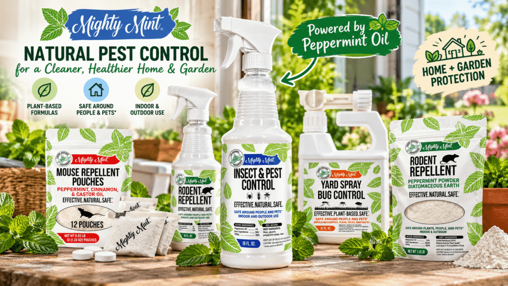 Mighty Mint natural pest control product collection featuring peppermint-based insect spray, rodent repellent, mouse repellent pouches, yard bug spray, and pest powder in a sunny home and garden setting with green leaves and illustrated promotional labels.
