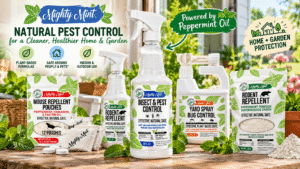 Mighty Mint natural pest control product collection featuring peppermint-based insect spray, rodent repellent, mouse repellent pouches, yard bug spray, and pest powder in a sunny home and garden setting with green leaves and illustrated promotional labels.