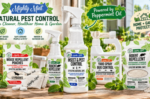 Mighty Mint natural pest control product collection featuring peppermint-based insect spray, rodent repellent, mouse repellent pouches, yard bug spray, and pest powder in a sunny home and garden setting with green leaves and illustrated promotional labels.