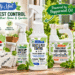 Mighty Mint natural pest control product collection featuring peppermint-based insect spray, rodent repellent, mouse repellent pouches, yard bug spray, and pest powder in a sunny home and garden setting with green leaves and illustrated promotional labels.