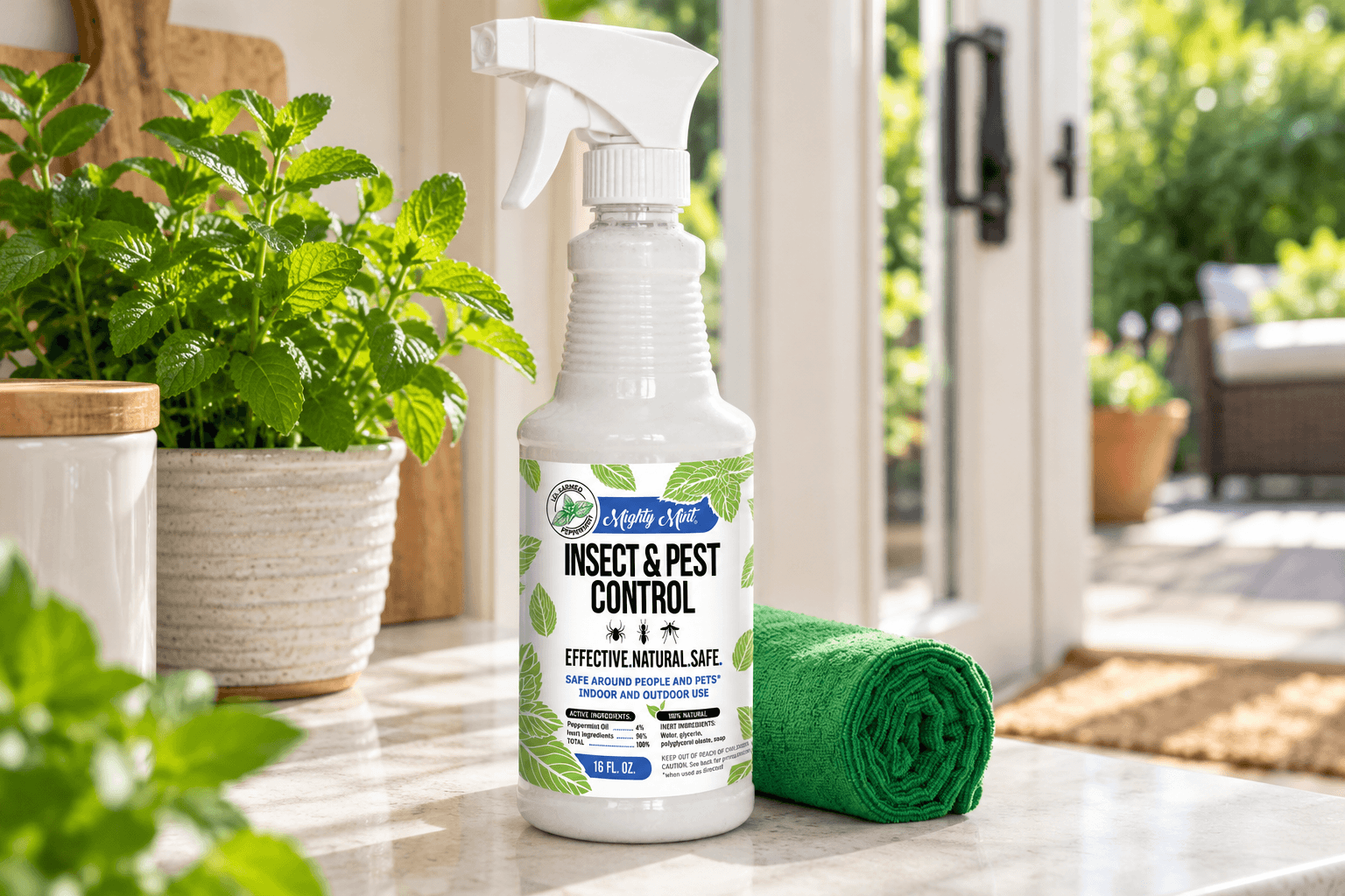 Mighty Mint Insect & Pest Control Spray, 16 fl oz, in a white trigger bottle with green peppermint leaf graphics and a blue label, displayed beside a rolled green microfiber cloth and potted mint plant on a sunlit kitchen countertop near a garden doorway.