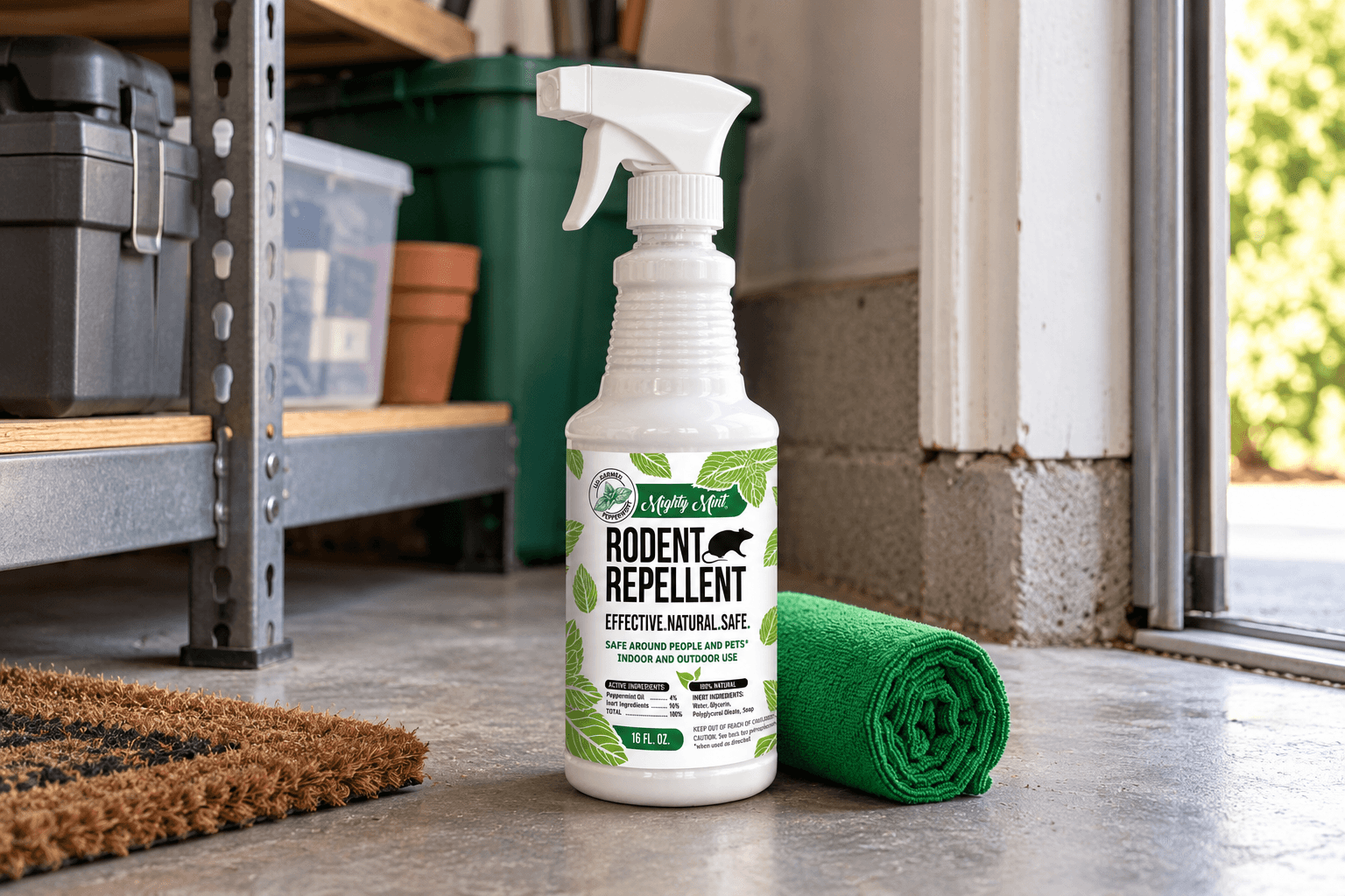 Mighty Mint Rodent Repellent Spray, 16 fl oz, featuring a white trigger bottle with green peppermint leaf illustrations and a rodent icon, positioned beside a rolled green microfiber cloth on a garage floor near storage shelves and an open doorway.