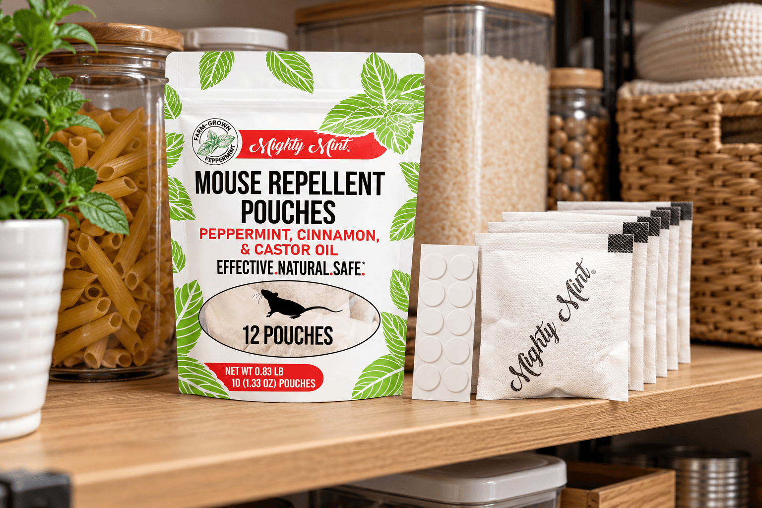Mighty Mint Mouse Repellent Pouches featuring peppermint, cinnamon, and castor oil, displayed in a white resealable package with green leaf graphics and a red logo. Individual repellent sachets and adhesive pads sit beside the package on an organized pantry shelf.