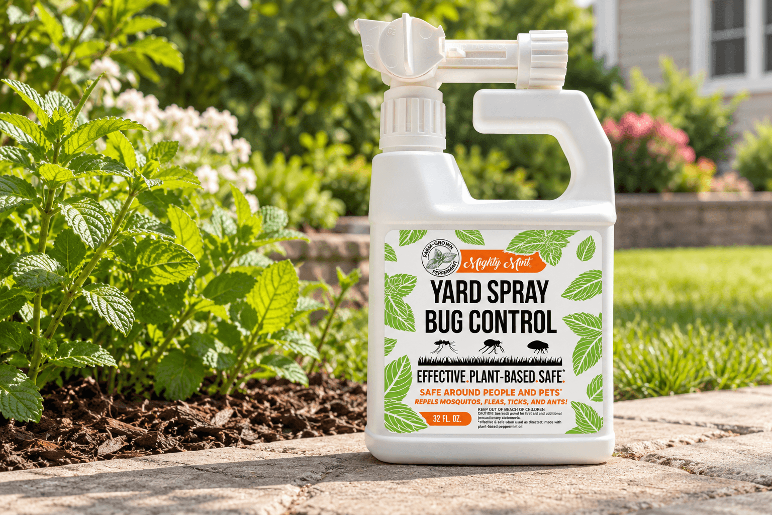 Mighty Mint Yard Spray Bug Control, 32 fl oz, in a large white hose-end sprayer bottle with green leaf illustrations and an orange product label, displayed on a stone garden pathway beside fresh peppermint plants, flower beds, and a sunny backyard lawn.