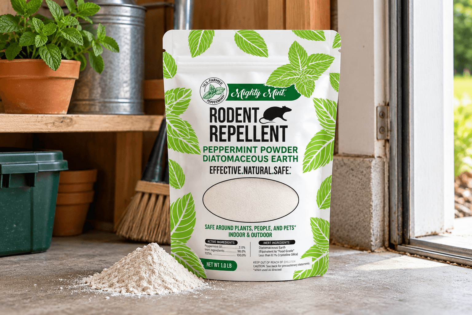 Mighty Mint Rodent Repellent Peppermint Powder with Diatomaceous Earth, 1 lb, in a white resealable pouch decorated with green mint leaves and a rodent icon, displayed beside a small pile of powder on a garage floor near gardening supplies and an open doorway.
