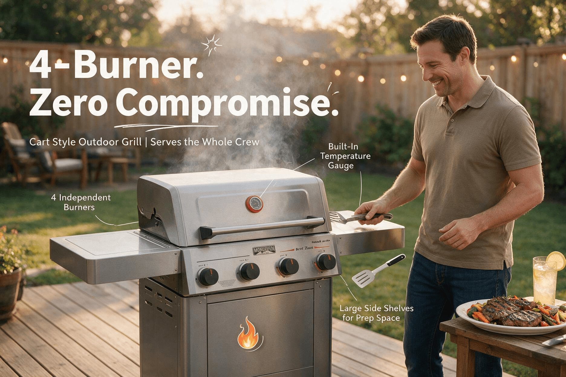 Monument 4-burner cart-style outdoor gas grill on a wooden backyard deck at golden hour; a man with a spatula stands beside it with gentle smoke rising. Headline "4-Burner. Zero Compromise.", tagline "Cart Style Outdoor Grill | Serves the Whole Crew", callouts "4 Independent Burners", "Built-In Temperature Gauge" and "Large Side Shelves for Prep Space", accented with cartoon flame and spatula stickers.