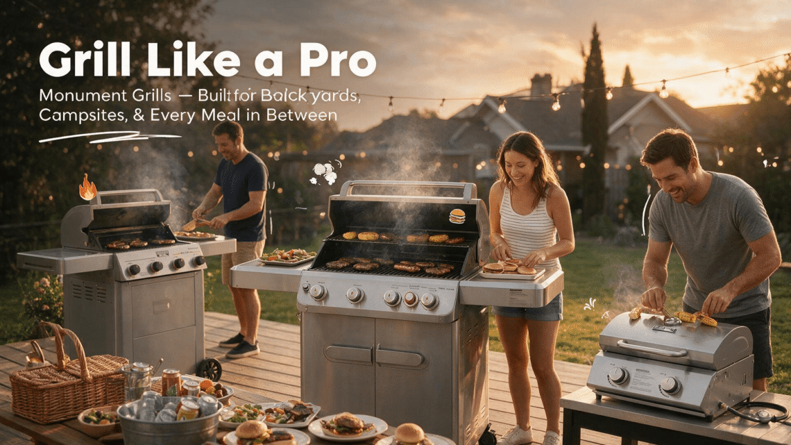 A wide promotional blog banner for Monument Grills: three stainless steel gas grills in a golden-hour backyard BBQ party scene — a tall 4-burner cart grill on the left, a 5-burner cabinet grill with glass window in the center, and a compact tabletop 2-burner grill on the right. Western adults grill burgers under glowing string lights; headline "Grill Like a Pro" and tagline "Monument Grills — Built for Backyards, Campsites & Every Meal in Between", accented with cartoon flame and burger stickers.