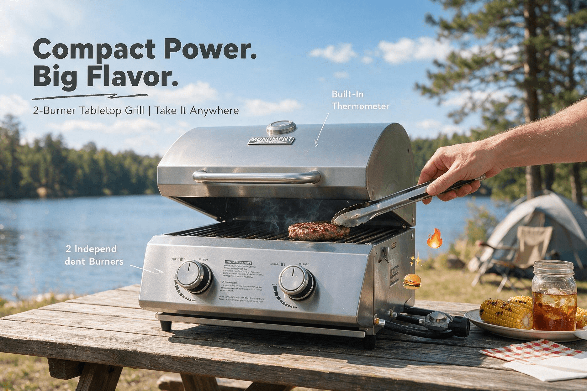 Monument 2-burner tabletop portable gas grill placed on a rustic wooden picnic table at a lakeside campsite; a hand with tongs flips a burger on the grill, a plate of grilled corn and a cold drink sit nearby. Headline "Compact Power. Big Flavor.", tagline "2-Burner Tabletop Grill | Take It Anywhere", callouts "2 Independent Burners" and "Built-In Thermometer", accented with cartoon flame and burger stickers.