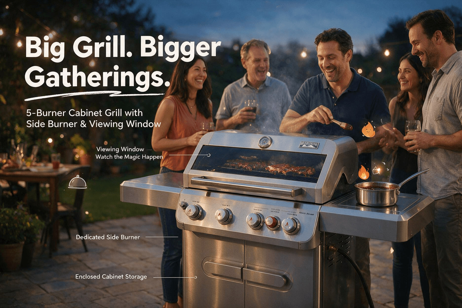 Monument 5-burner cabinet gas grill with side burner and viewing window on a stone patio at dusk; a family gathers around while an adult bastes ribs and a small saucepan of BBQ sauce simmers on the side burner. Headline "Big Grill. Bigger Gatherings.", tagline "5-Burner Cabinet Grill with Side Burner & Viewing Window", callouts "Viewing Window — Watch the Magic Happen", "Dedicated Side Burner" and "Enclosed Cabinet Storage", accented with cartoon flame and food-cover stickers.