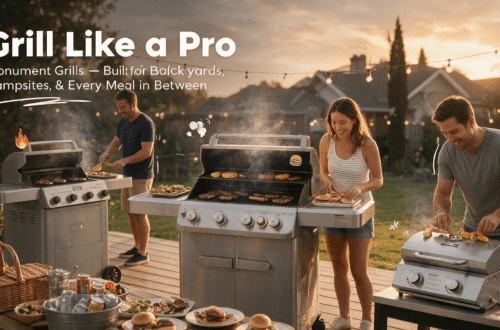 A wide promotional blog banner for Monument Grills: three stainless steel gas grills in a golden-hour backyard BBQ party scene — a tall 4-burner cart grill on the left, a 5-burner cabinet grill with glass window in the center, and a compact tabletop 2-burner grill on the right. Western adults grill burgers under glowing string lights; headline "Grill Like a Pro" and tagline "Monument Grills — Built for Backyards, Campsites & Every Meal in Between", accented with cartoon flame and burger stickers.