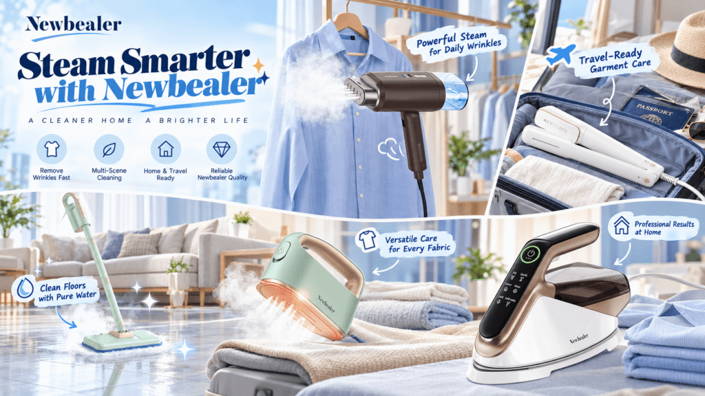 Newbealer steam care collection featuring a handheld garment steamer, steam mop, smart steam iron, steam generator iron, and travel iron in stylish home and travel settings, with blue-themed English annotations highlighting convenient clothing care and household cleaning.