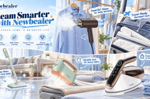 Newbealer steam care collection featuring a handheld garment steamer, steam mop, smart steam iron, steam generator iron, and travel iron in stylish home and travel settings, with blue-themed English annotations highlighting convenient clothing care and household cleaning.