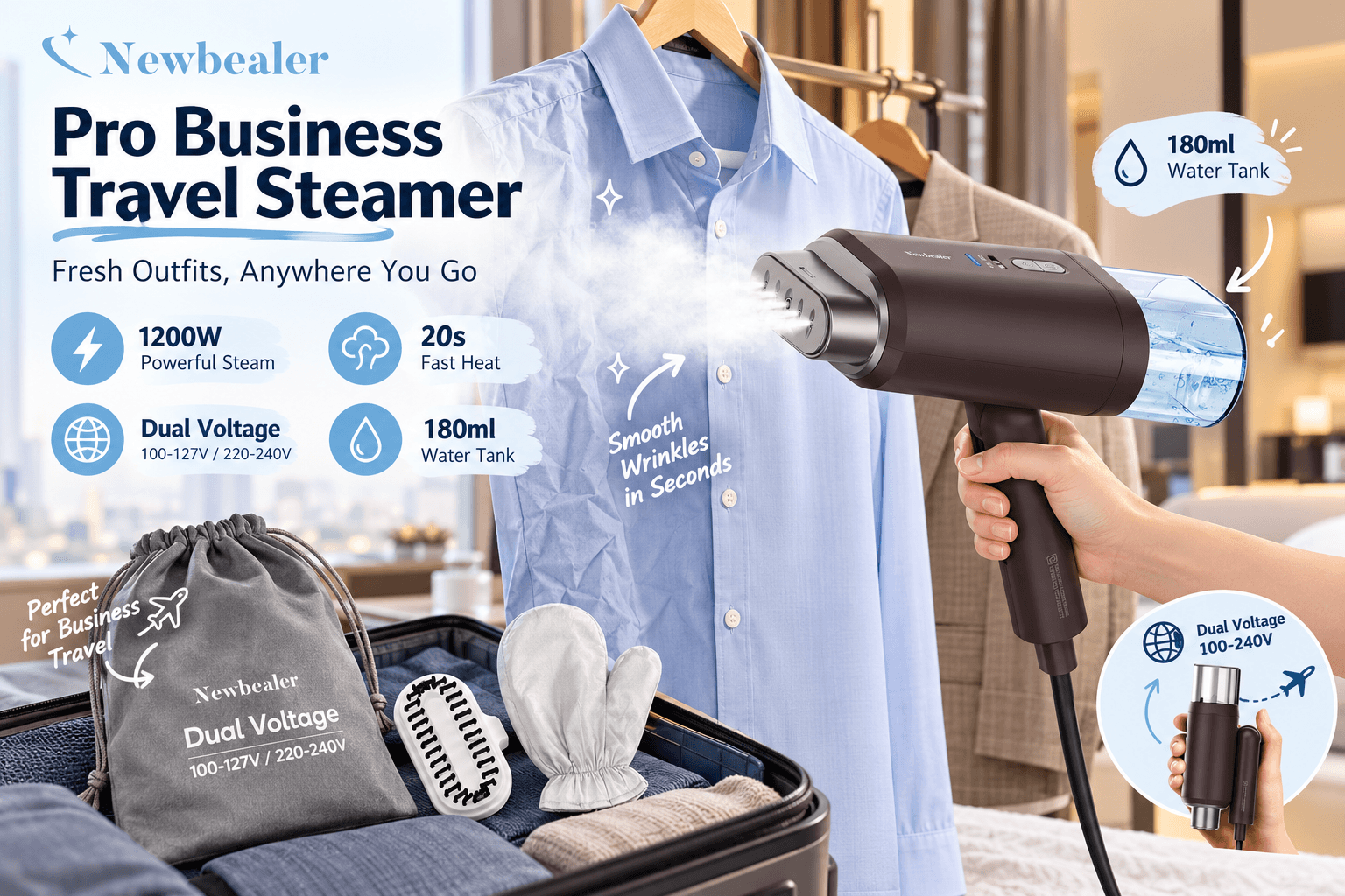 Newbealer Pro Business Travel Steamer in dark brown steaming a blue dress shirt in a hotel setting. The image highlights 1200W power, 20-second heating, dual voltage, and a 180ml water tank, with a travel pouch, fabric brush, and protective mitt displayed nearby.