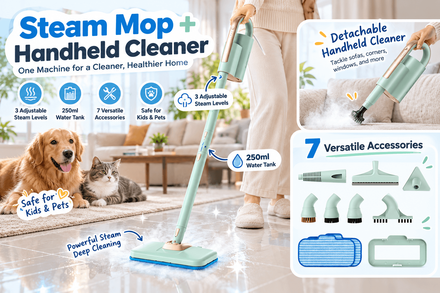 Newbealer mint-green steam mop cleaning a tiled living room floor, with a dog and cat resting nearby. An inset shows the detachable handheld steam cleaner and accessories, while colorful annotations highlight three steam levels, a 250ml water tank, and versatile cleaning functions.