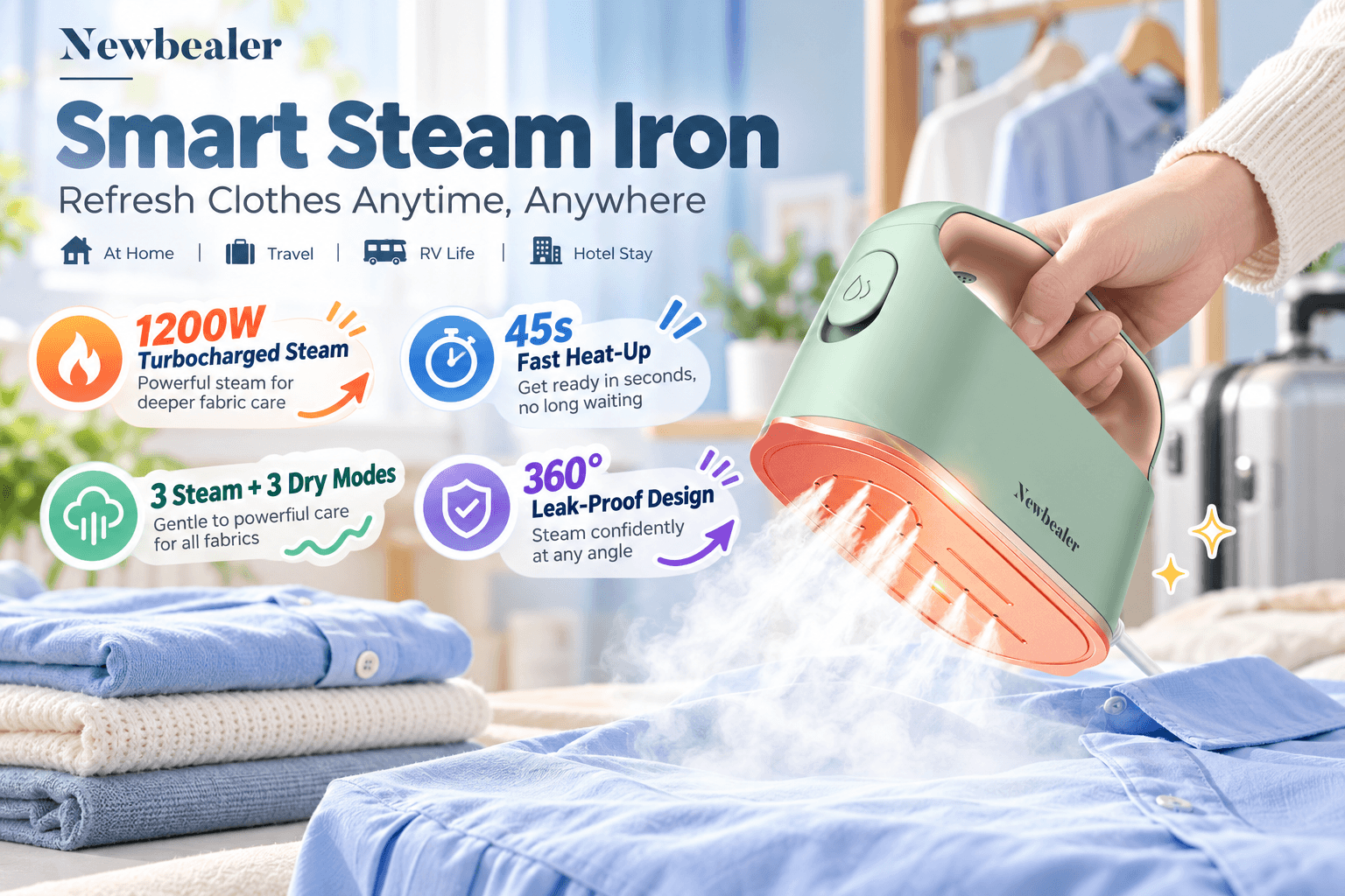 Newbealer mint-green Smart Steam Iron with rose-gold accents releasing steam onto a blue shirt in a bright laundry setting. Colorful feature labels highlight 1200W turbo steam, 45-second heat-up, three steam and three dry modes, and a 360-degree leak-proof design.