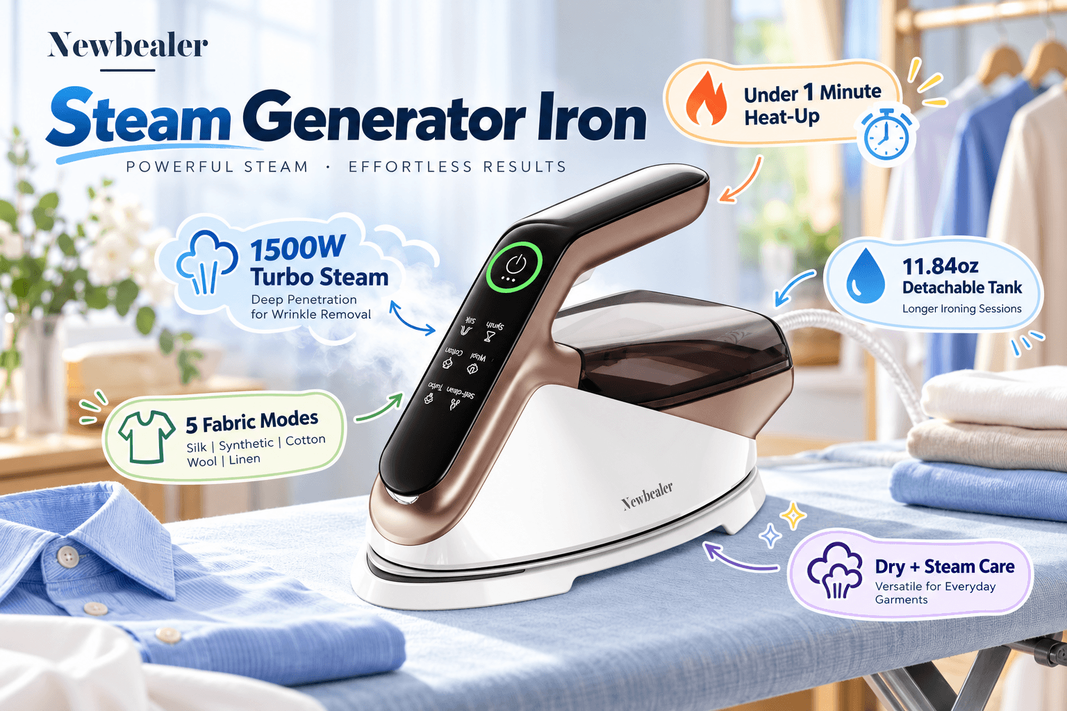Newbealer white-and-rose-gold Steam Generator Iron displayed on a blue ironing board beside neatly folded clothes. Promotional annotations highlight 1500W turbo steam, under-one-minute heating, an 11.84oz detachable water tank, five fabric modes, and dry and steam ironing.