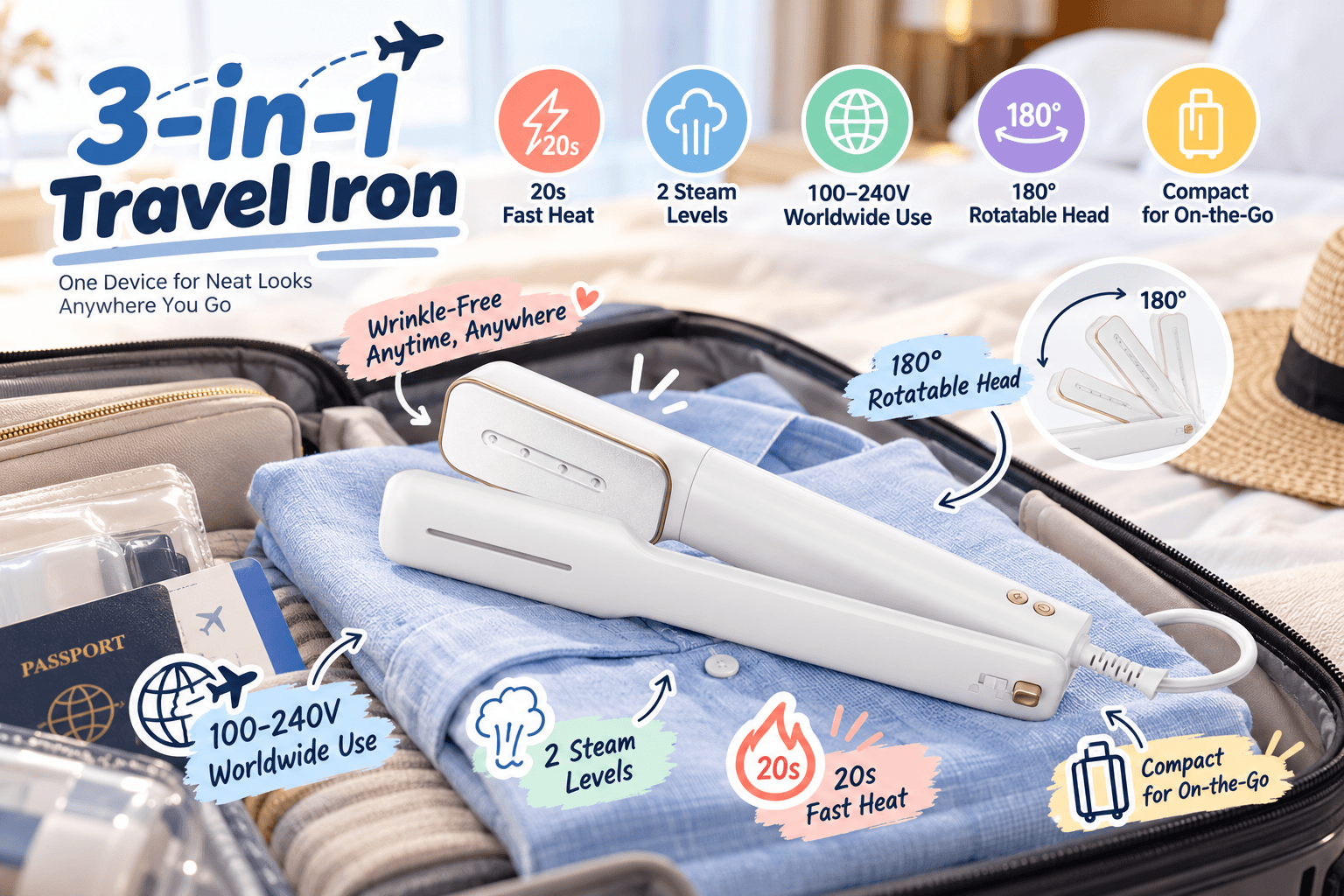 Newbealer white-and-rose-gold 3-in-1 Travel Iron resting on folded blue clothes inside an open suitcase. Travel-themed illustrations highlight 20-second heating, two steam levels, 100–240V worldwide compatibility, a 180-degree rotating head, and compact portability.