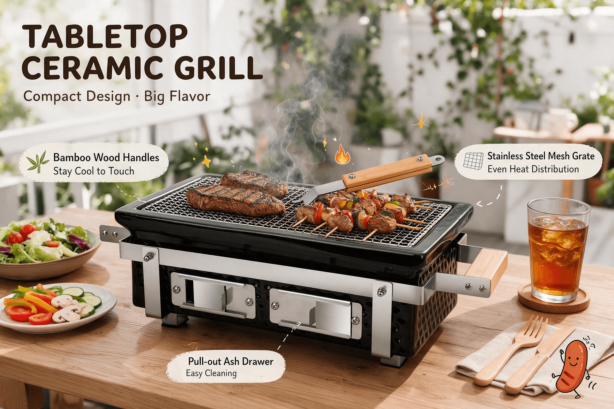 Onlyfire tabletop ceramic charcoal grill on a sunlit patio wooden table: glossy black ceramic body with stainless steel frame and bamboo handles, square metal mesh grate holding two grilled steaks and veggie skewers, wooden-handled tongs resting on the grate, two pull-out stainless steel ash drawers visible on the front; a salad bowl, vegetable plate, iced tea glass, wooden cutlery and napkin nearby. Bold headline "TABLETOP CERAMIC GRILL" with subtitle "Compact Design · Big Flavor" and three rounded callout labels — "Bamboo Wood Handles · Stay Cool to Touch", "Stainless Steel Mesh Grate · Even Heat Distribution", "Pull-out Ash Drawer · Easy Cleaning" — accented with hand-drawn flames, sparkles and a cute dancing cartoon sausage character.