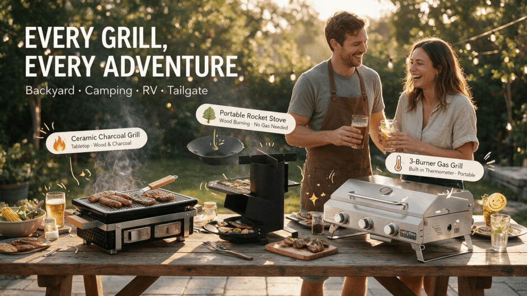 Onlyfire Amazon storefront blog hero banner, golden-hour backyard party scene: a long wooden table displays from left to right the black tabletop ceramic charcoal grill (with sausages grilling), the black portable rocket stove (with grill grate accessories floating above it), and the brushed stainless steel 3-burner gas grill (with built-in lid thermometer); a Western couple in their 20s-30s, casual outfits and apron, laughing and clinking glasses behind the table, with green lawn and warm bokeh string lights in the background. Bold headline "EVERY GRILL, EVERY ADVENTURE" with subtitle "Backyard · Camping · RV · Tailgate" and three capsule labels pointing to each product — "Ceramic Charcoal Grill · Tabletop · Wood & Charcoal", "Portable Rocket Stove · Wood Burning · No Gas Needed", "3-Burner Gas Grill · Built-in Thermometer · Portable" — decorated with hand-drawn flame, tree, thermometer doodles and sparkle accents.